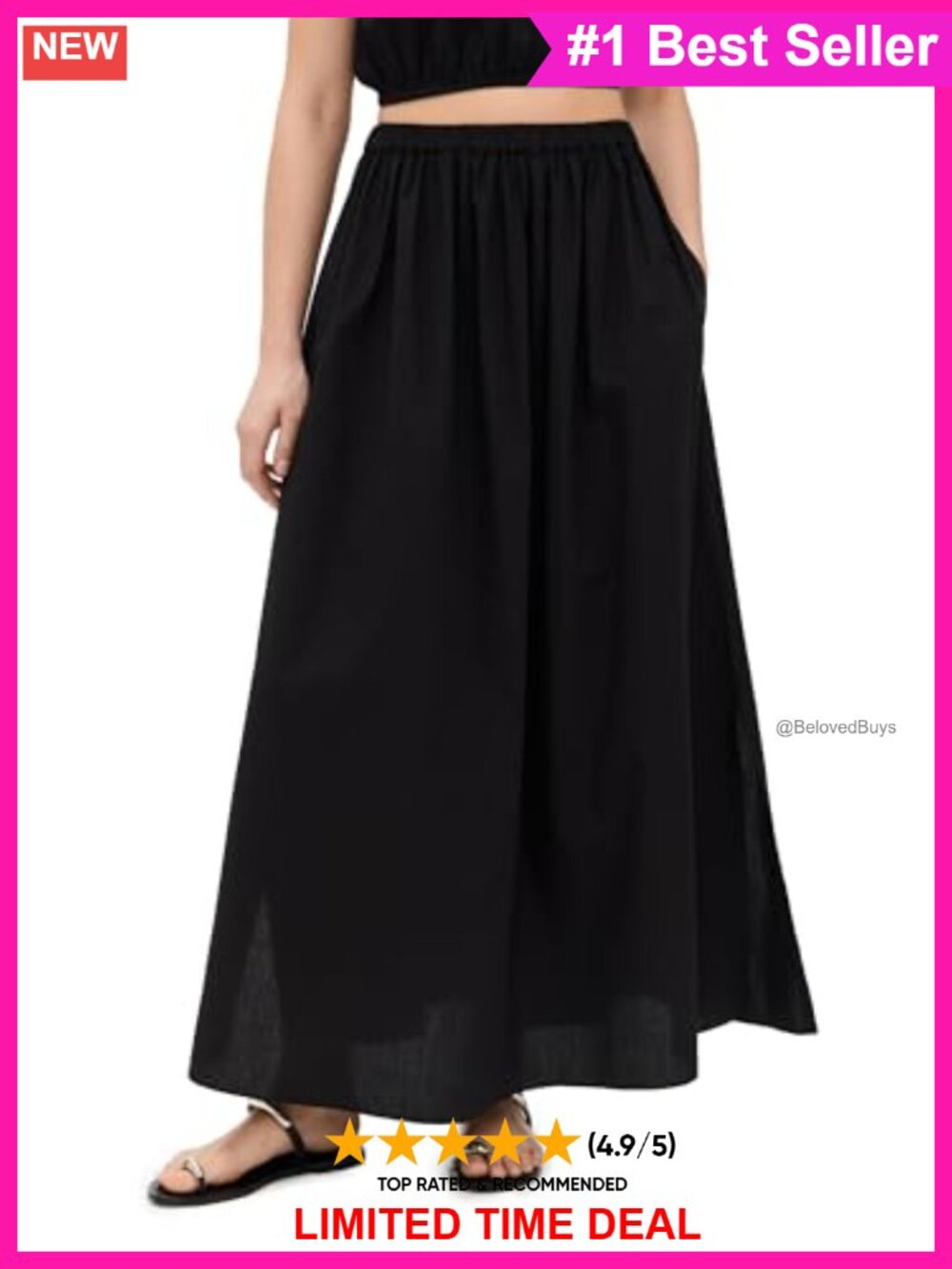 Cotton Poplin Maxi Skirt High Rise On-Seam Pockets Slit Summer